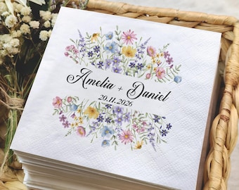 Custom Floral Wedding Napkins, Wildflower Couple Napkins, Personalized Wedding Reception Napkins, Spring Wedding Decor