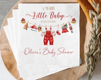 Merry Little Baby Shower Napkin, Winter Baby Shower Napkin, Personalised Christmas Party Napkin, Xmas Birthday Napkin Decor