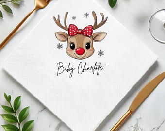 Custom Reindeer Christmas Napkin, Cute Christmas Baby Shower Napkin, Christmas Theme Party Napkin Decor