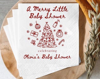 A Merry Little Baby Shower Napkin, Custom Christmas Tree Napkin Decor, Xmas Theme Party Napkin