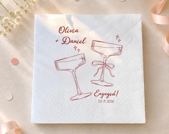 Personalized Champagne Glass Engagement Napkins, Red Champagne Coupe Napkins, Elegant Bridal Shower Party Decorations, Wedding Napkin