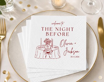 Personalized Rehearsal Dinner Napkins, The Night Before Wedding Napkins, Red Line Art Custom Napkins, Elegant Event Decor