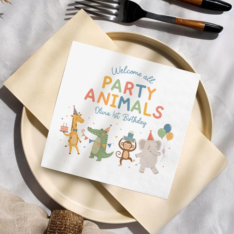 Custom Party Animals Napkins, 1st Birthday Safari Napkins, Zoo Animal Birthday Party Decor, Kids Party Napkins image 3