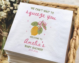 Personalized Lemon Baby Shower Napkins, We Can’t Wait to Squeeze You Napkins, Citrus Baby Shower Decor, Amalfi Lemon Baby Shower Napkins