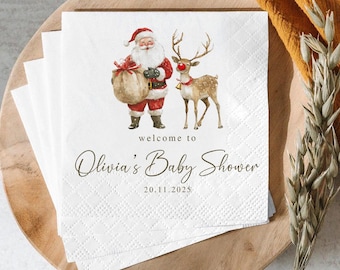 Santa and Reindeer Napkin, Personalised Cute Winter Holiday Party Napkin, Birthday, Baby Shower Christmas Party Napkin Decor