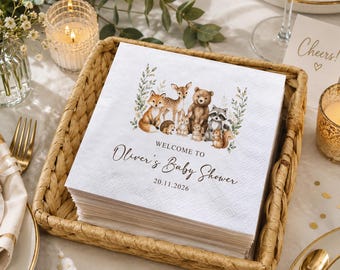 Personalized Woodland Animals Baby Shower Napkins, Neutral Forest Baby Shower Party Decorations, Neutral Rustic baby Shower Napkin