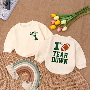 1st Year Down Baby Romper, Football One Baby Bodysuit, Custom Name Baby Clothes, Football Party Baby Outfit, Game Day Bubble Romper