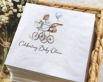 Baby Carriage Shower Napkins, Celebrating Baby Napkins, Personalized Vintage Baby Shower Party Decor