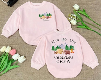 New to the Camping Crew Bubble Romper, Custom Name Baby Bodysuit, Newborn Baby Outfit, Camp Summer Party Clothes,  Adventure Baby Gift