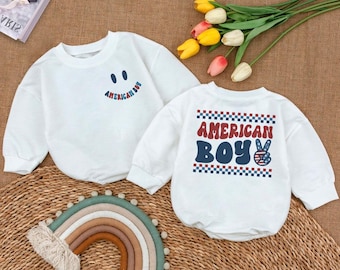 American Boy Baby Romper, Fourth of July Baby Clothes, USA Flag Baby Boy, American Eagle Baby Outfit, Independence Day Bubble Romper