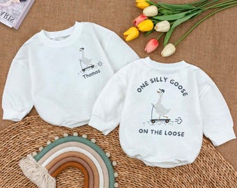 One Silly Goose On The Loose Baby Outfit, 1st Birthday Baby Romper, Funny Shirt for Kids, Custom Name Baby Bodysuit, Baby Shower Gift