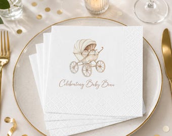 Personalized Vintage Baby Carriage Baby Shower Napkins, Neutral Beige Baby Shower Party Decorations, Neutral Classic Event Napkin
