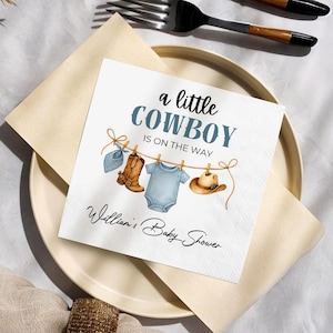 A little CowBoy Baby Shower Napkins, Personalised Cowboy Theme Baby Shower Napkins Decor, Birthday Party Cocktail Napkin