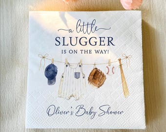 Personalized Baseball Baby Shower Napkins, A Little Slugger Is On The Way Napkins, Sports Baby Shower Party Napkin Decor