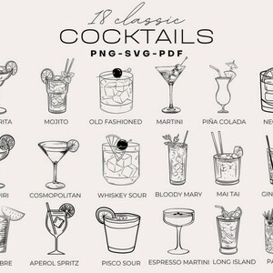 May include: A digital collection of 18 classic cocktails featuring black line art illustrations of drinks including Margarita, Mojito, Old Fashioned, Martini, Pi&ntilde;a Colada, Negroni, Daiquiri, Cosmopolitan, Whiskey Sour, Bloody Mary, Mai Tai, Gin & Tonic, Cuba Libre, Aperol Spritz, Pisco Sour, Espresso Martini, Long Island, and Paloma.