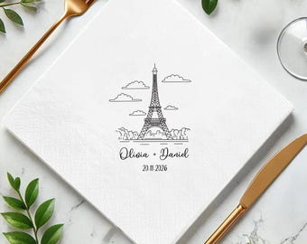 Allgala Eiffel Tower Napkin, Personalized Eiffel Tower Paris Wedding Napkin, Romantic Wedding Favor, Black Line Art Design