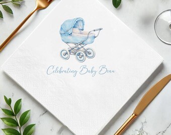Blue Baby Carriage Baby Shower Napkin, Personalized Baby Shower Napkin, Luncheon or Dinner Napkins, Party Decor