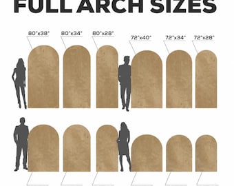 Può includere: Un grafico intitolato FULL ARCH SIZES che mostra dodici pannelli ad arco color marrone chiaro con dimensioni varie: 80x38, 80x34, 80x28, 72x40, 72x34, 72x28, 60x40, 60x34, 60x28, 48x40, 48x34 e 48x28 pollici, accompagnati da sagome per la scala.