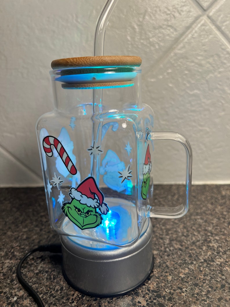 Libby Cup W Handle Glass Straw Wooden Lids Grinch 20 Oz Etsy