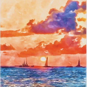 Sailing at the Blue Hour- Key West, FL, Tropical artwork, home decor, housewarming gift, watercolor print, sailboat art, gift, beach house