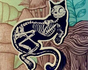 May include: A black and white sticker of a cat skeleton with a mushroom background.