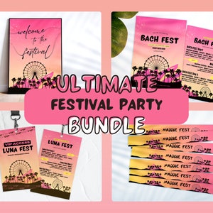 CUSTOM FEST Music Festival Bundle Template | Canva Editable | Invite Sign Wristbands Birthday Bachelorette Party Printable, Digital Download