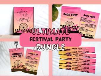 CUSTOM FEST Music Festival Bundle Template | Canva Editable | Invite Sign Wristbands Birthday Bachelorette Party Printable, Digital Download