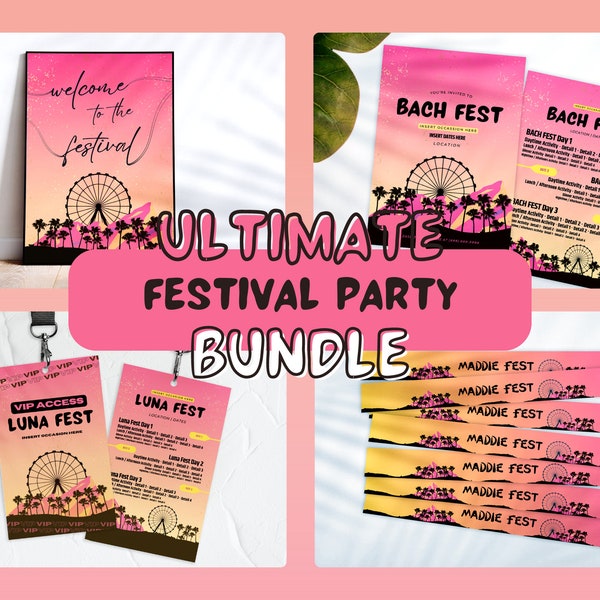 CUSTOM FEST Music Festival Bundle Template | Canva Editable | Invite Sign Wristbands Birthday Bachelorette Party Printable, Digital Download