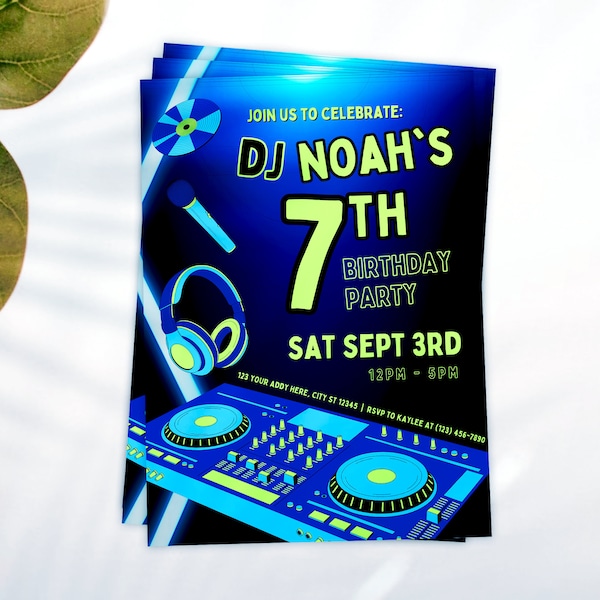CUSTOM DJ Theme Boys Birthday Party Einladung | Bearbeitbares Canva Template | Kinder Kinder Blau Grün Neon Musik Konzert Digital Printable