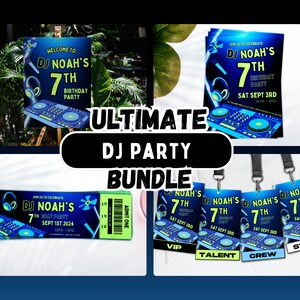 Könnte beinhalten: Ein DJ-Party-Paket für eine 7. Geburtstagsfeier. Das Paket beinhaltet ein Willkommenszeichen, Einladungen, Tickets und Lanyards. Das Design ist in Blau- und Grüntönen gehalten und zeigt eine Grafik eines DJ-Mixers.
