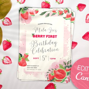 Strawberry Birthday Celebration Party Invitation | Editable Canva Template | Kids Children Personalizable Customizable Digital Printable