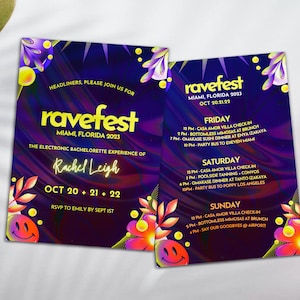 RAVE FEST Bachelorette Birthday Weekend Itinerary Template | Party Vacation Festival Deluxe Invitation Template Bundle | Planner, Digital
