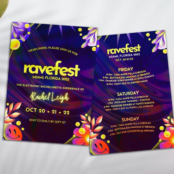 RAVE FEST Bachelorette Birthday Weekend Itinerary Template | Party Vacation Festival Deluxe Invitation Template Bundle | Planner, Digital