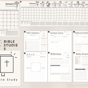 May include: A printable Bible study planner with six different sections: January and February calendars, Bible summary, sermon notes, biblical profiles, reflection, and daily prayer. The planner features a floral design and a black and white color scheme.