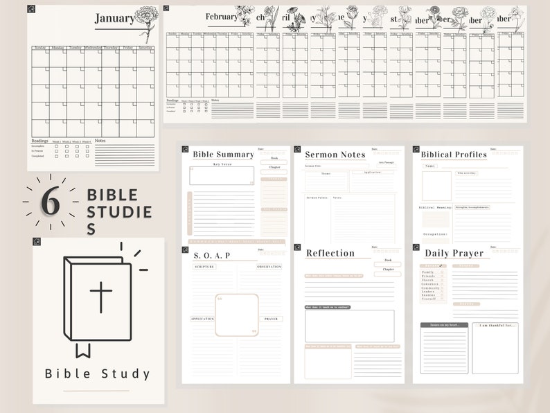 May include: A printable Bible study planner with six different sections: January and February calendars, Bible summary, sermon notes, biblical profiles, reflection, and daily prayer. The planner features a floral design and a black and white color scheme.