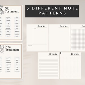 May include: Five different note-taking page layouts with the title "5 DIFFERENT NOTE PATTERNS" at the top. The layouts include blank, lined, grid, and dotted paper. Each page has the word "Genesis" at the top.