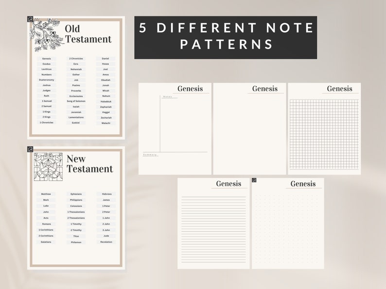 May include: Five different note-taking page layouts with the title "5 DIFFERENT NOTE PATTERNS" at the top. The layouts include blank, lined, grid, and dotted paper. Each page has the word "Genesis" at the top.
