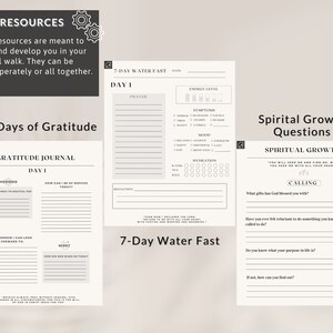 May include: A printable set of worksheets for spiritual growth. The worksheets include a 7-day water fast journal, a 30-day gratitude journal, and a set of spiritual growth questions.