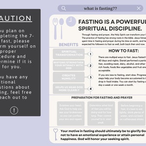 May include: A light purple and gray infographic with the title "Fasting is a Powerful Spiritual Discipline." The infographic explains the benefits of fasting, how to fast, and preparation for fasting and prayer. The text includes the words "Spiritual Transformation", "Restore/Strengthen Your Intimacy with God", "Creates Humility", "Helps Us Hear God More Clearly", "How to Fast", "Preparation for Fasting and Prayer", and "Your motive in fasting should ultimately be to glorify God, not to have an emotional experience or attain personal happiness. God will honor your seeking spirit."