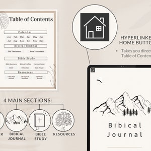 May include: A digital planner with a table of contents for a calendar, biblical journal, bible study, and resources. The planner has a home button that takes you directly to the table of contents. The planner is open to the page for the biblical journal, which features a black and white illustration of mountains and trees.