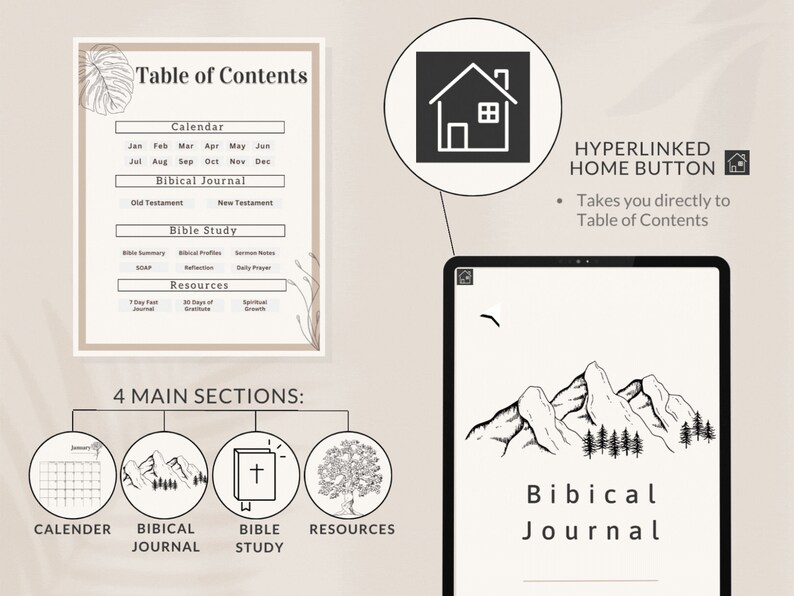 May include: A digital planner with a table of contents for a calendar, biblical journal, bible study, and resources. The planner has a home button that takes you directly to the table of contents. The planner is open to the page for the biblical journal, which features a black and white illustration of mountains and trees.