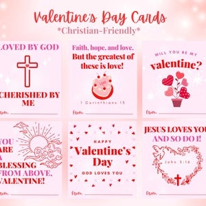 May include: A collection of Valentine's Day cards with Christian-friendly themes. Each card features a unique design with messages like "Loved by God" and "Jesus Loves You." The cards are predominantly pink and red.