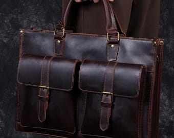 Crazy Horse Leather Briefcase | First Layer Top Cowhide Laptop Bag for Men & Women | Vintage Leather Work Bag, Business Office Briefcase