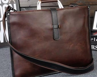 Mens Leather Briefcase Laptop Bag, Professional Business Work Bag for Men, Office Messenger Bag with Shoulder Strap, Minimalist Mens Bag
