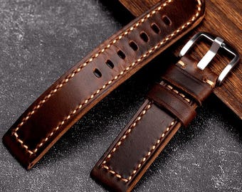 Handmade Italian Leather Watch Strap for Men, Vintage Cowhide Band, 20-26mm, Custom, Horween, Gift for Fathers, Men's Leather Watch Band