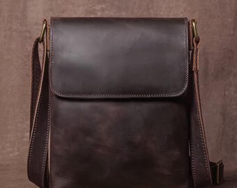Vintage Leather Messenger Bag for Men, Genuine Cowhide Crossbody Shoulder Bag, Small Leather Satchel, Minimalist Everyday EDC Travel Bag