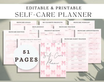 Glow Up Self-Care Planner, Wellness Checklist (Editable Template)