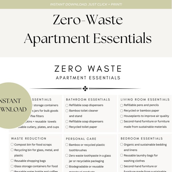 Zero Waste Apartment Essentials |  | Sustainable Home Checklist Printable | Instant Download | Live a Waste-Free Life