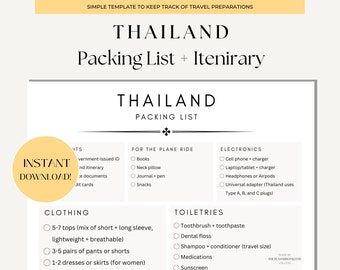 Packlista + Resplan för Thailand | 7-dagars förberedelse + packguide | Utskrivbar Thailandsplanerare | Packlista för direkt nedladdning