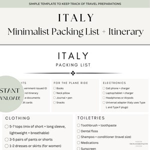 Italy Packing List + Itinerary | 7 Day Minimalist Preparation + Packing Guide | Italy Planner Printable | Instant Download Packing List
